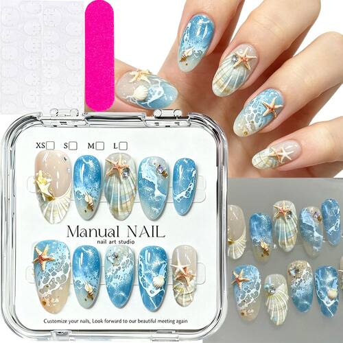 10pcs Ocean Wave Beach Press On Nails 3D Seashells, Starfish