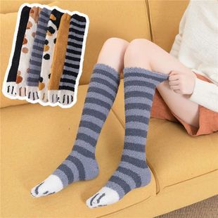 Cat Paw Winter Socks Women's Long Stripe Cute Floor Sleep Th