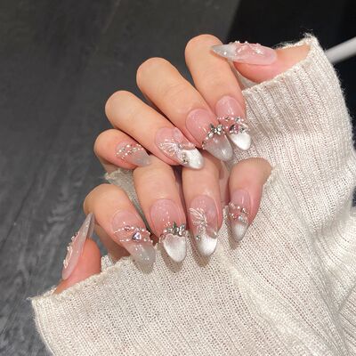 10pcs Handmade Press on Nails Pink Butterfly French Cat Eye