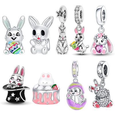 925 Silver Pink Easter Rabbit Egg Series Pendant Charms Fit