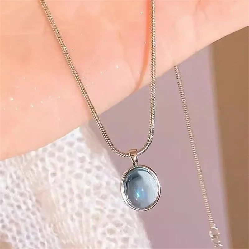 Simple Retro Oval Aquamarine Pendant Necklace For Women Girl