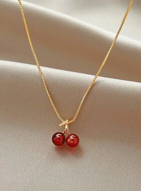 Wine Red Cherry Gold Color Pendant Necklace For Women Person