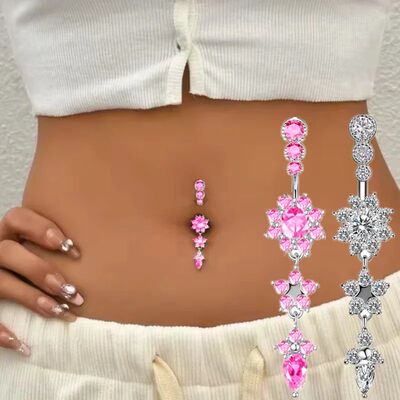 Pink Color Stainless Steel Belly Button Ring Long Dangled Fl