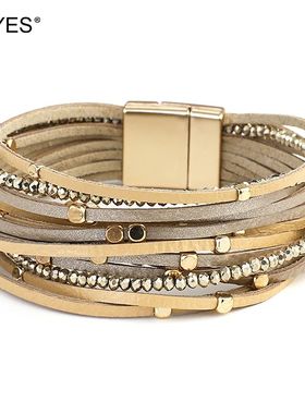 Champagne Genuine Leather Bracelets for Women Boho Multilaye