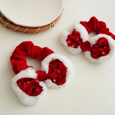 Bow Red Plush Scrunchies Sequin Christmas Style Hair Rope Po