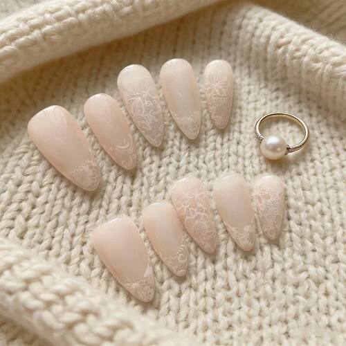 10PCS Handmade Lace Press on Nails Sheer Nude Pink French Ma
