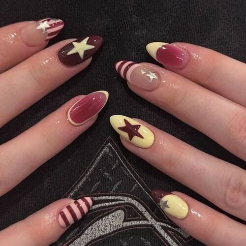 24pcs Colorful Five-pointed Star Press On Nails Red Stripes