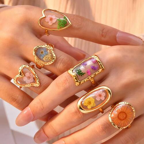 Stainless Steel Rings for Women Unique Flower Resin Jewelry,
