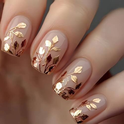 Short Medium fake nails golden leaf flowers butterfly for Sp
