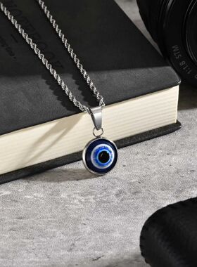 Stainless Steel Turkish Evil Eye Necklaces for Men, Blue Eye