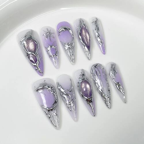 10Pcs Sweet Cool Light Purple LongNail Shiny Gradient Cat Ey