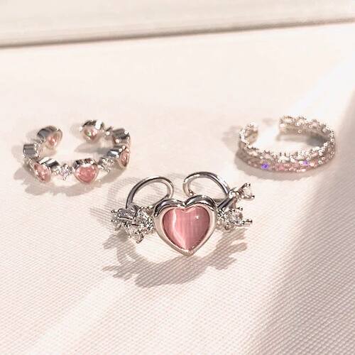 3pcs Fashion Love Heart Zircon Open Rings Set for Women Goth