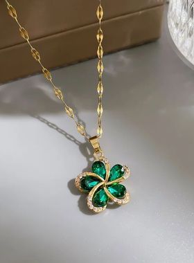 Stainless Steel Green Zircon Flowers Pendant Necklace For Wo
