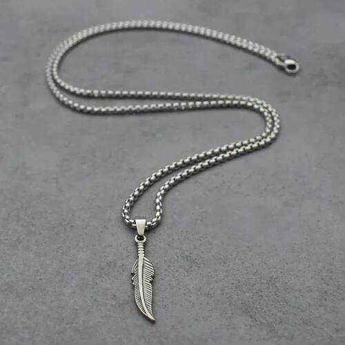 Classic Feather Pendant Necklace Stainless Steel Silver Colo