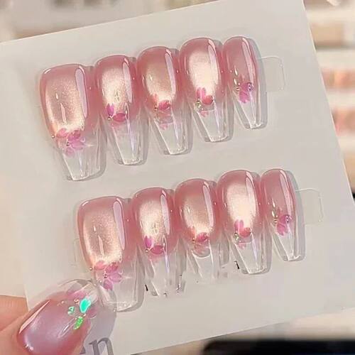 10pcs Aurora Cat Eye Handmade Press on Nails Pink Cherry Blo