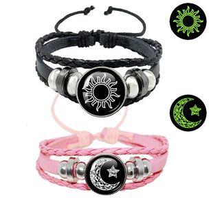2Pcs/set Sun Moon Couple Leather Luminous Bracelet Punk Mult