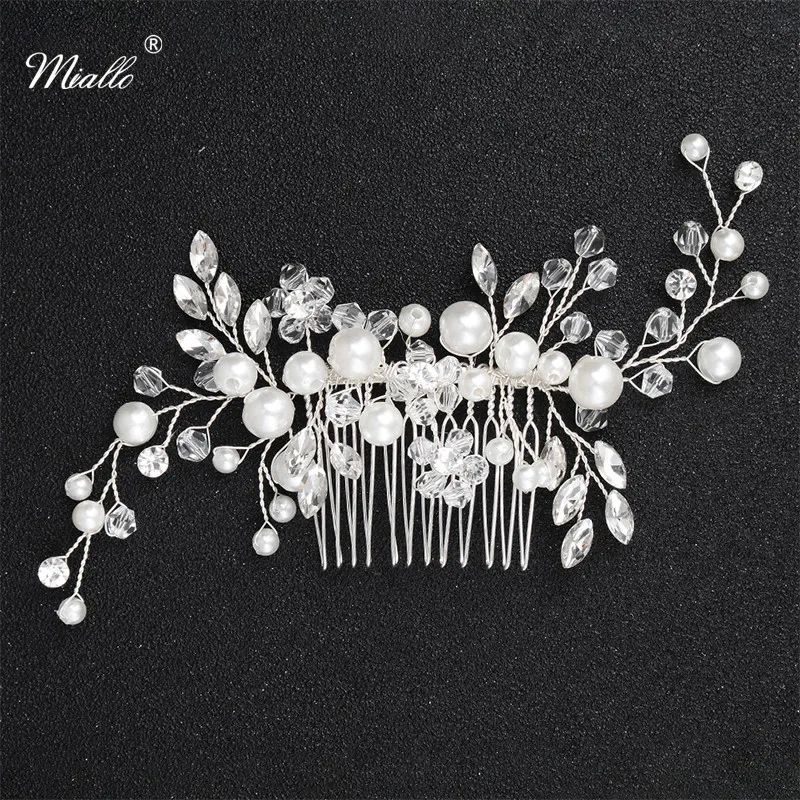 MialloBridal Headpiece Handmade Crystal Pearls Hair Combs Cl
