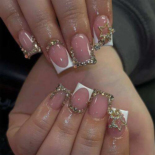 24Pcs French Short Square White Reusable False Nail Tips wit