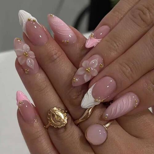 24pcs Pink Flower Almond Press on Nails Kawaii False Nails W