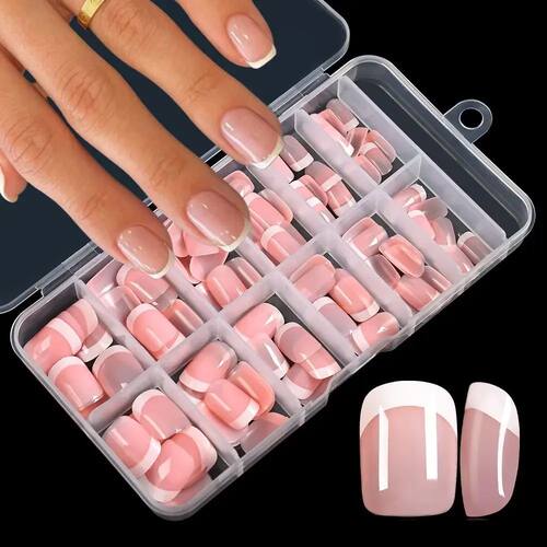 120Pcs Pink French Short Square Fake Nails 12-Sizes Full Cov