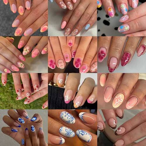 Flower Nails 288Pcs(12Mixed) Short Oval Hibiscus Flower Nail