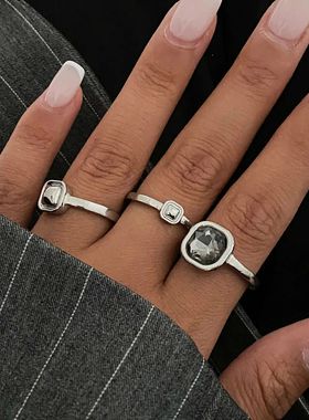 New Grey Crystal Geometric Ring Women Minimalist Design Silv