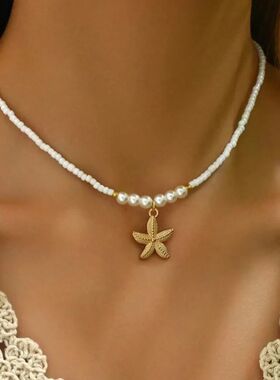 Bohemian Rice Beads Starfish Pendant Necklace for Women Hand