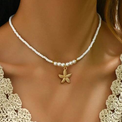 Bohemian Rice Beads Starfish Pendant Necklace for Women Hand