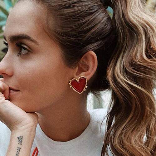 New Design Red Heart Stud Earring Women Metal Gold Color Eye