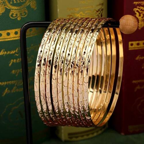 Herseygold Slim Metal Bangles Gold Plated Carved Flower Laye