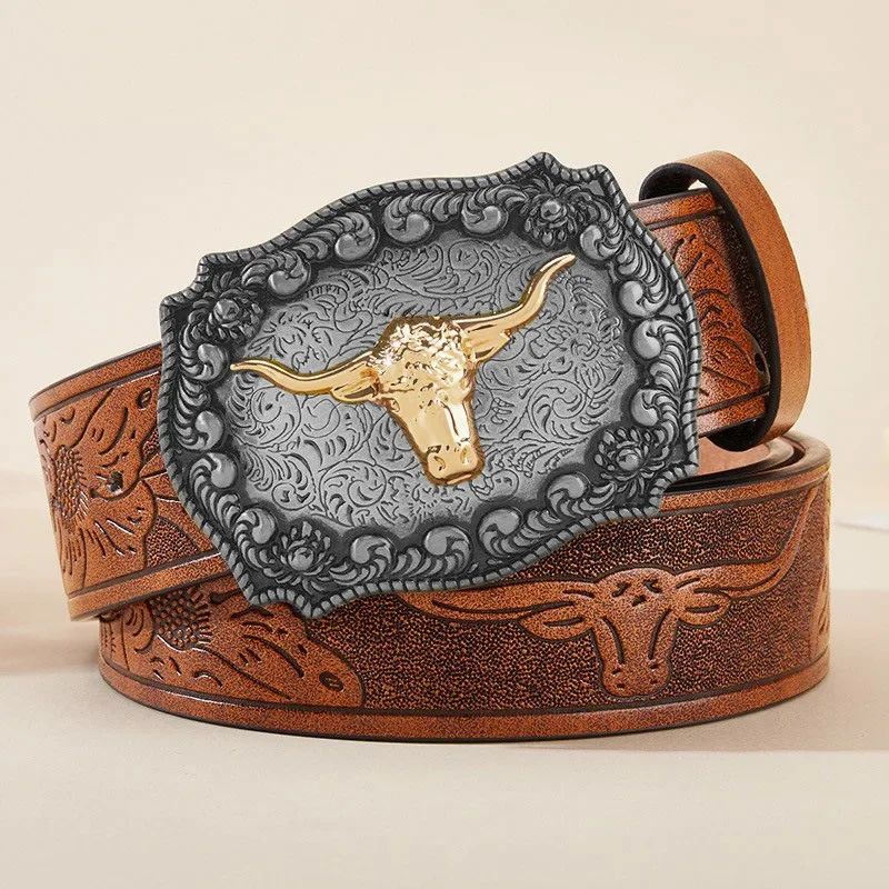 New Men's Western Cowboy Belt - Cool Handsome Black Faux Lea