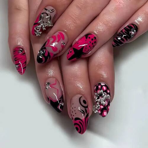 24pcs Rhinestone Star Design Nails Sets Press on Long Almond
