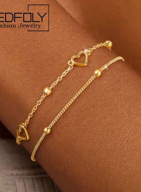 2Pcs Layered Bracelets for Women Dainty 14k Gold Plated Wate