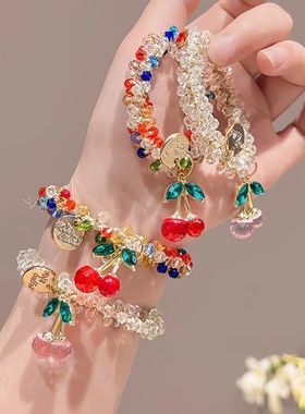 1/2pcs Colorful Crystal Cherry Hair Rope Sweet Rhinestone Ha