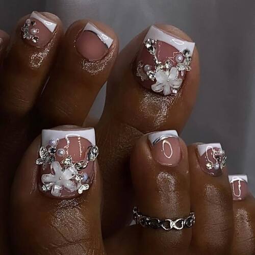3D Flowers Butterfly Pearl Rhinestone Fake Toenails White Fr
