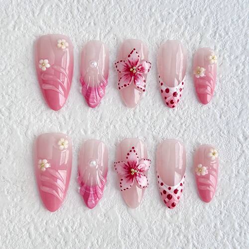 10pcs French Almond Press on Nails Flower False Nails Wearab