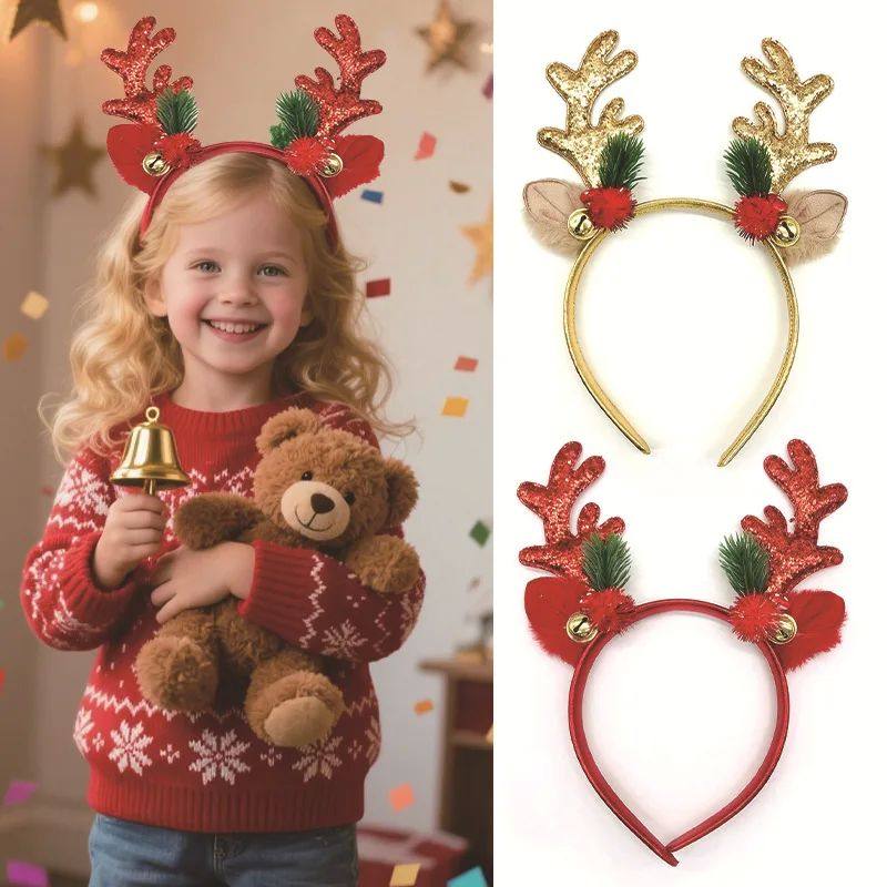 Christmas Reindeer Antlers Headbands, Glittery Gold & Red Xm