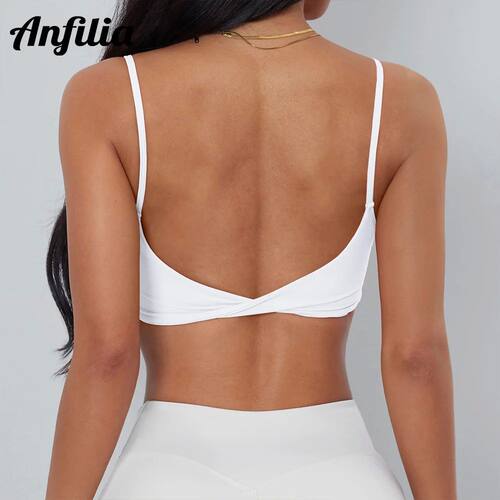 Anfilia Women Sports Bra Spaghetti Straps Backless Gym Bra H