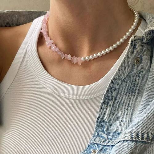 Elegant imitate Pearl Pink Stone Chain Choker Necklace For G