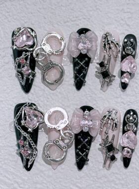 Long Stiletto Press on Fake Nails Blue Heart Diamond Bow Dec
