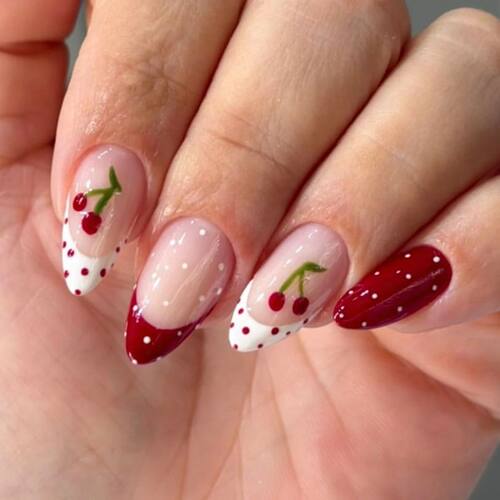 Red White Polka Dot French Almond Nail Art Summer Cute Fresh