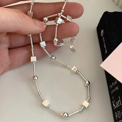 925 Sterling Silver Bead Geometry Necklace for Women Girl Ko