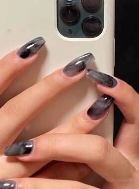24Pcs Dark Style Smudged Wearing False Nails With Tools Popu