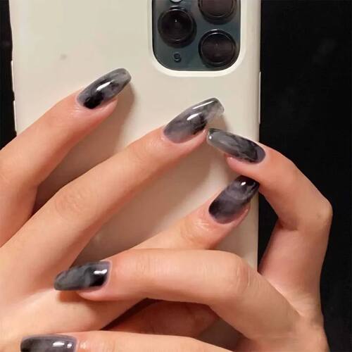 24Pcs Dark Style Smudged Wearing False Nails With Tools Popu