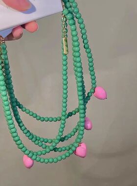 New Trend Vintage Resin Acrylic Pink Love Heart Green Beaded