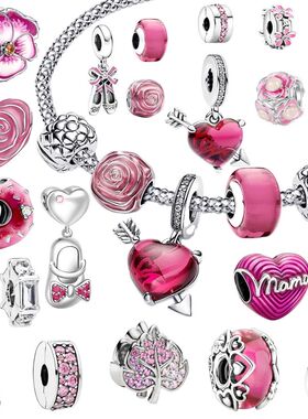 Pink Bead Charms Fit Original Bracelet- 925 Silver-Plated En