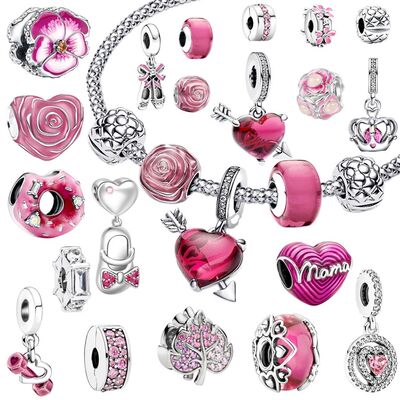 Pink Bead Charms Fit Original Bracelet- 925 Silver-Plated En
