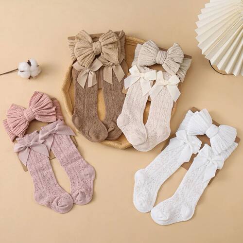 2Pcs/Set Vintage Fall Baby Fhnet Stockings Solid Cable Bow H
