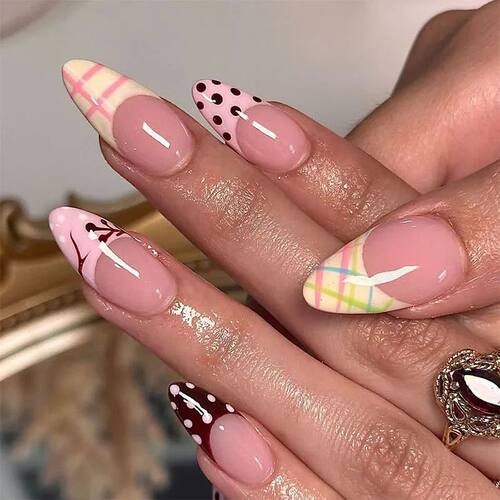 24Pcs Colorful Grid French False Nails Press on Polka Dot De