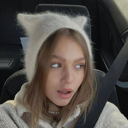 Solid Color Fluffy Cat Ear Knitted Hat Knitted Hat Autumn An